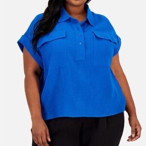Calvin Klein Cobalt Blue Textured Cotton Blouse 1X NWT Casual Chic Top